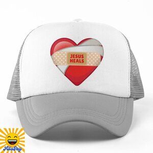 JESUS HEALS BANDAGED HEART Foam Trucker Hat Snapback Cap Gray White